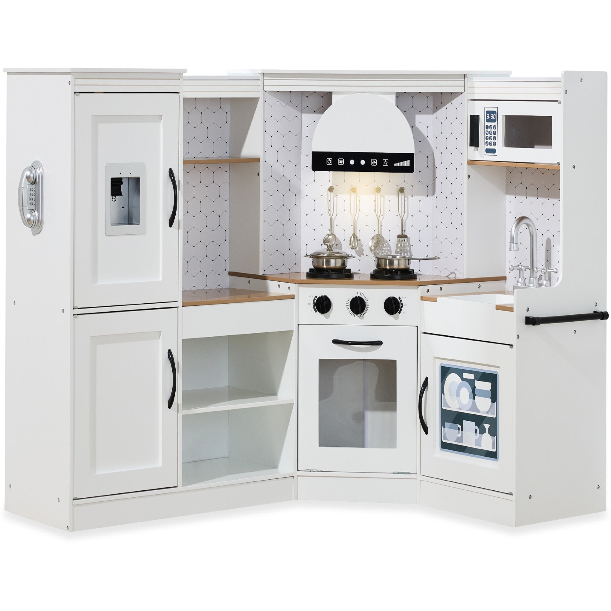 Pretend Play Corner Kitchen Wooden Toy Set for Kids w/ Lights Sounds