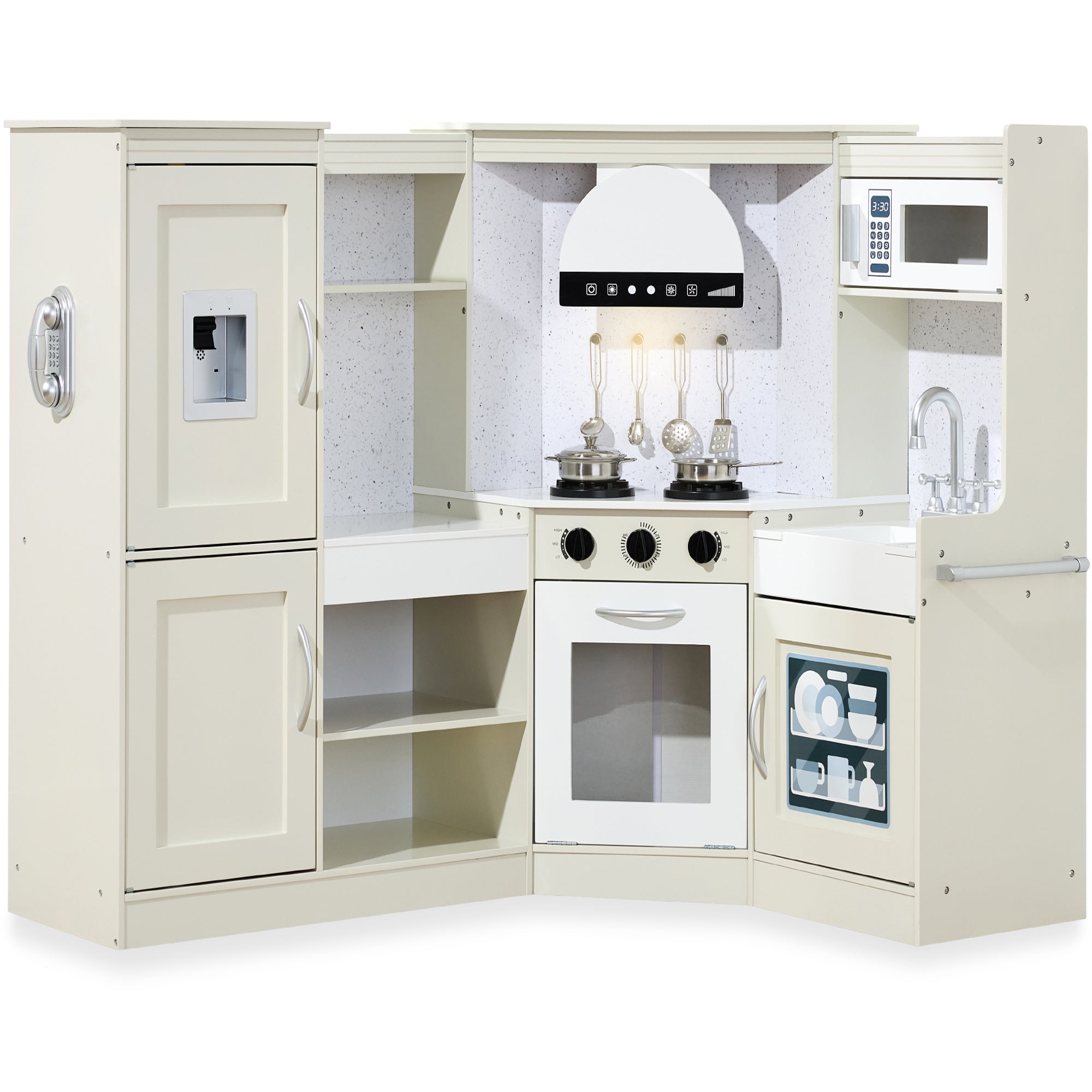 Pretend Play Corner Kitchen Wooden Toy Set for Kids w/ Lights Sounds