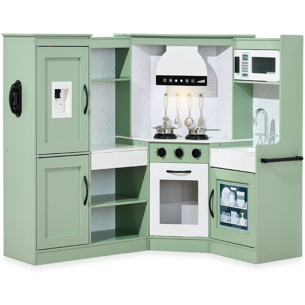 Pretend Play Corner Kitchen Wooden Toy Set for Kids w/ Lights Sounds