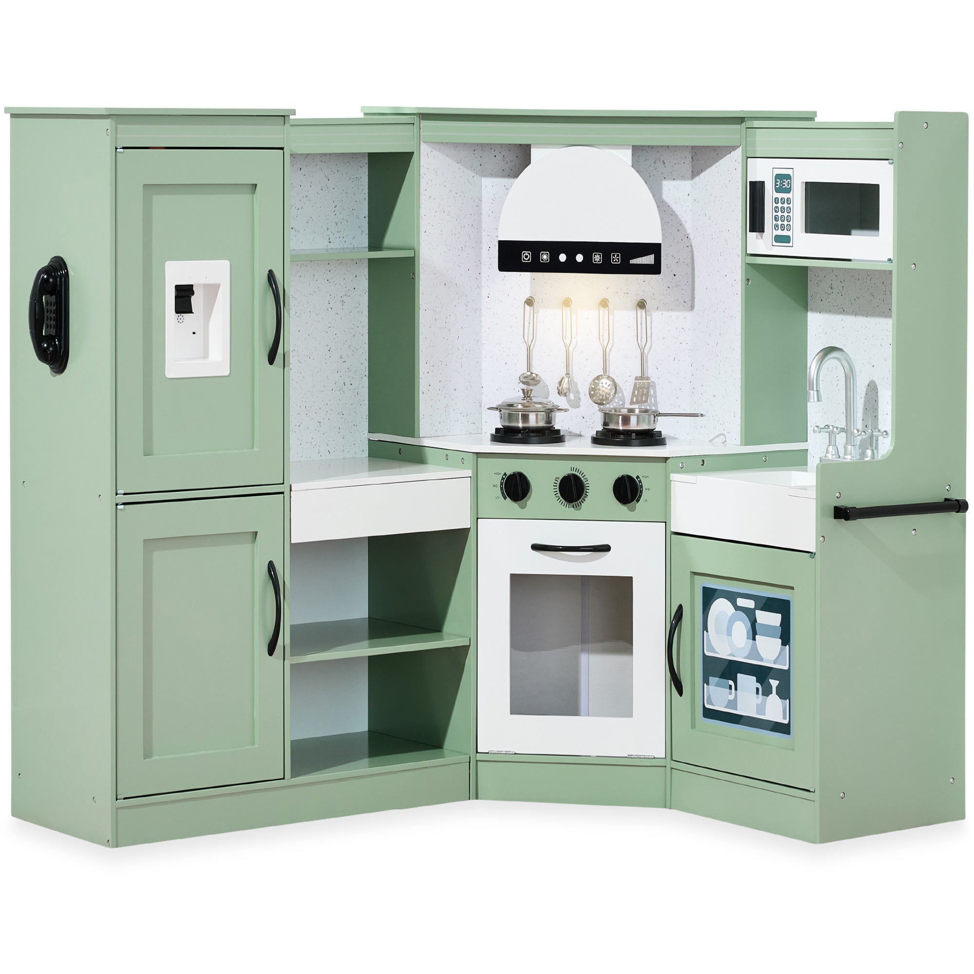 Pretend Play Corner Kitchen Wooden Toy Set for Kids w/ Lights Sounds