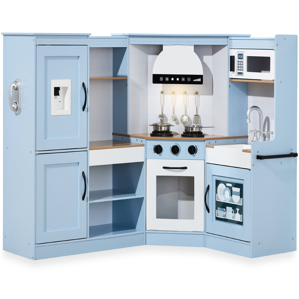 Pretend Play Corner Kitchen Wooden Toy Set for Kids w/ Lights Sounds
