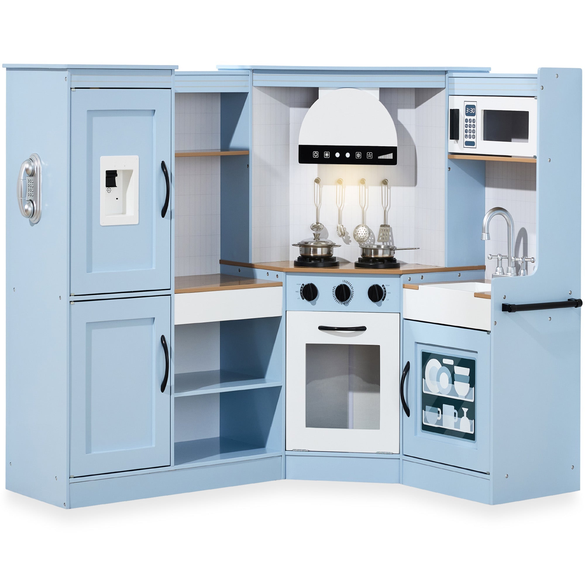 Pretend Play Corner Kitchen Wooden Toy Set for Kids w/ Lights Sounds