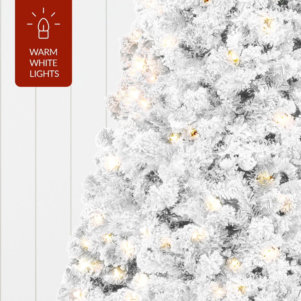 Pre-Lit White Snow Flocked Artificial Pine Christmas Tree w/ 2-in-1 Lights